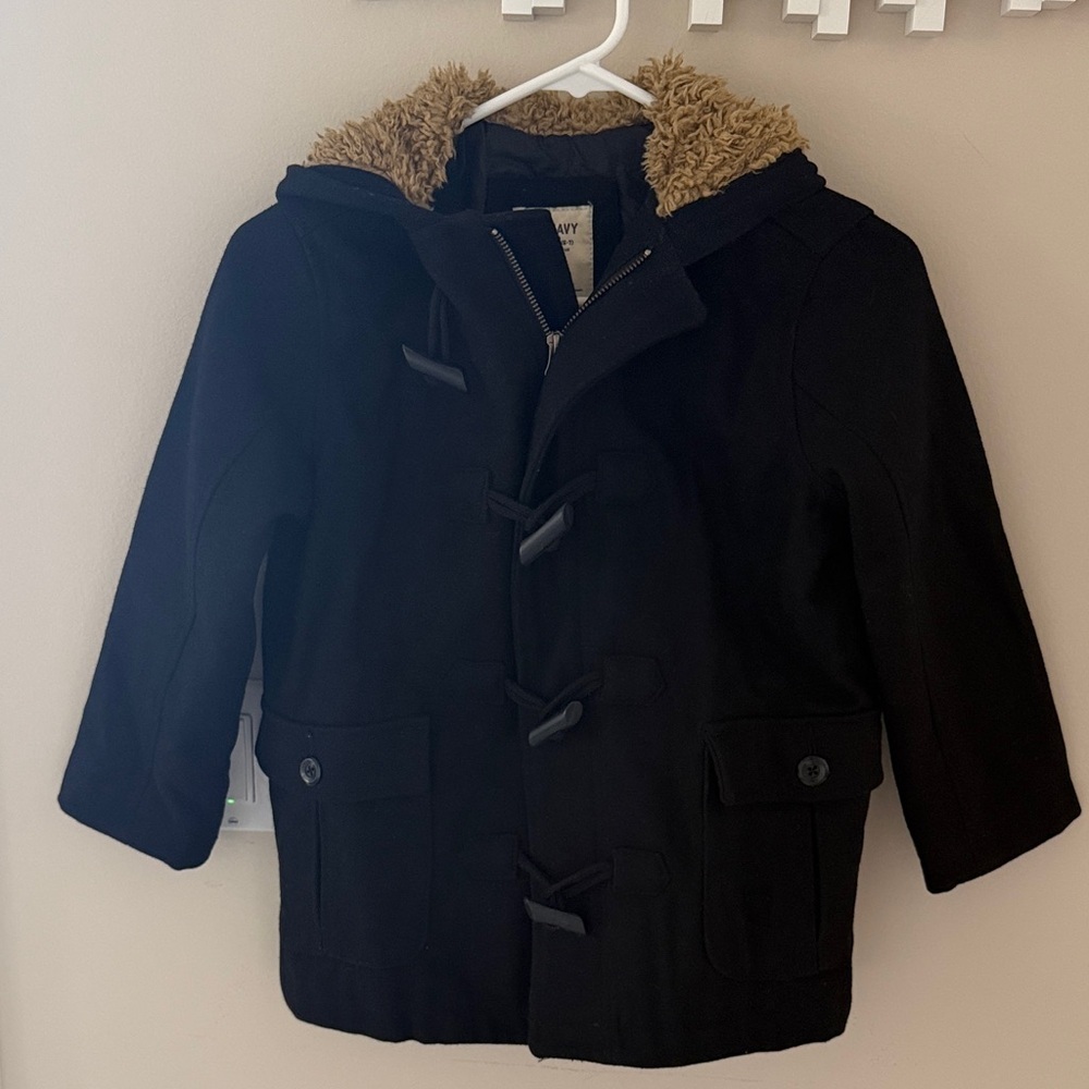 Old Navy Boys Wool Blend Toggle Duffle Coat Black Sherpa Hood Small 6-7 Lined